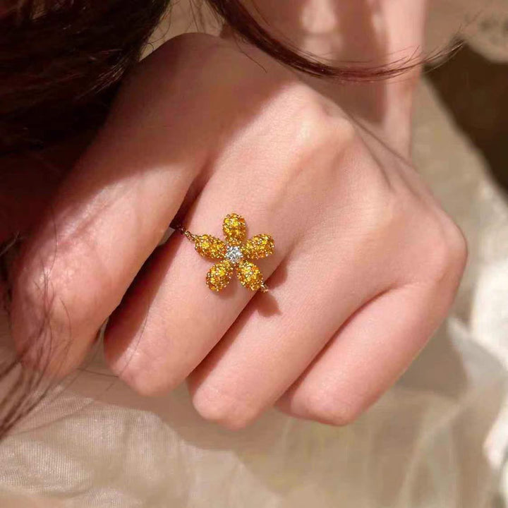 S925 Silver Colorful Pave‑Set Flower Chain Ring, Multi‑Color Adjustable Five‑Petal Soft Band Ring for Women