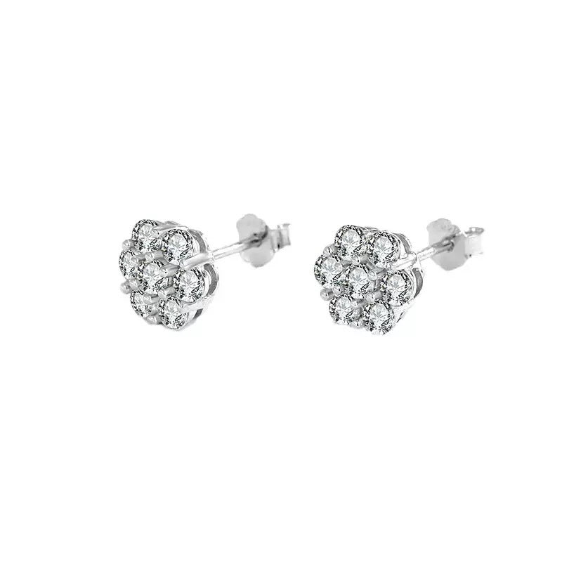 Round Flower Cluster Paved Diamond Stud Earrings, 7 Stones Floral Full Diamond Earrings, Gold Silver Rose Gold Three Tones Available