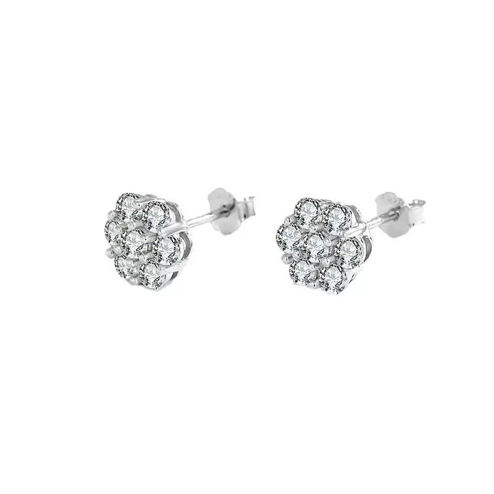 Round Flower Cluster Paved Diamond Stud Earrings, 7 Stones Floral Full Diamond Earrings, Gold Silver Rose Gold Three Tones Available