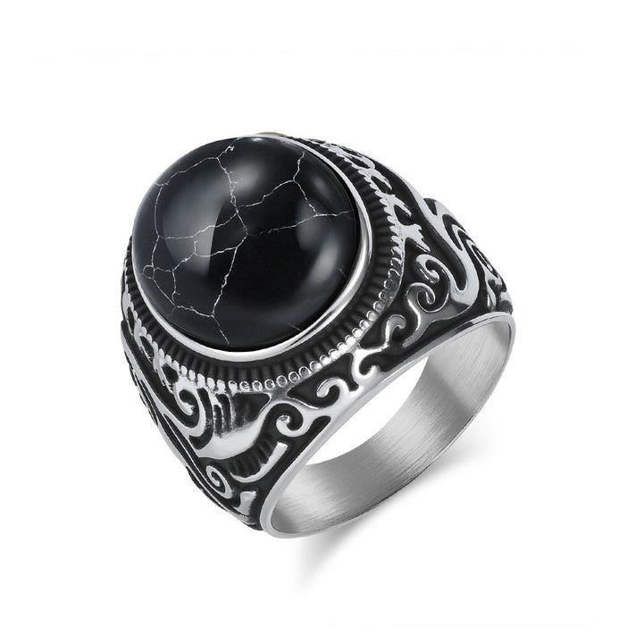 Vintage Scroll Pattern Oval Gemstone Signet Ring, S925 Silver Silver & Matte Black Two Tone Men Wide Band with Tiger Eye, Howlite, Crack Stone