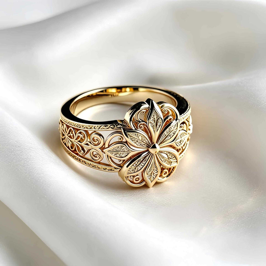 Vintage Hollow Eight-Petal Flower Wide Band Ring, Gold & Silver European Palace Plain Carved Heavy Craft  Ring