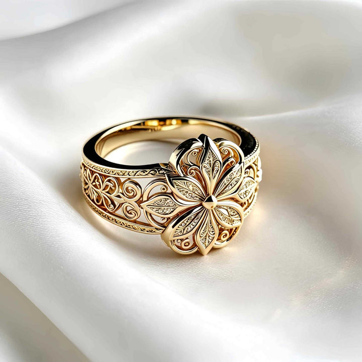 Vintage Hollow Eight-Petal Flower Wide Band Ring, Gold & Silver European Palace Plain Carved Heavy Craft  Ring