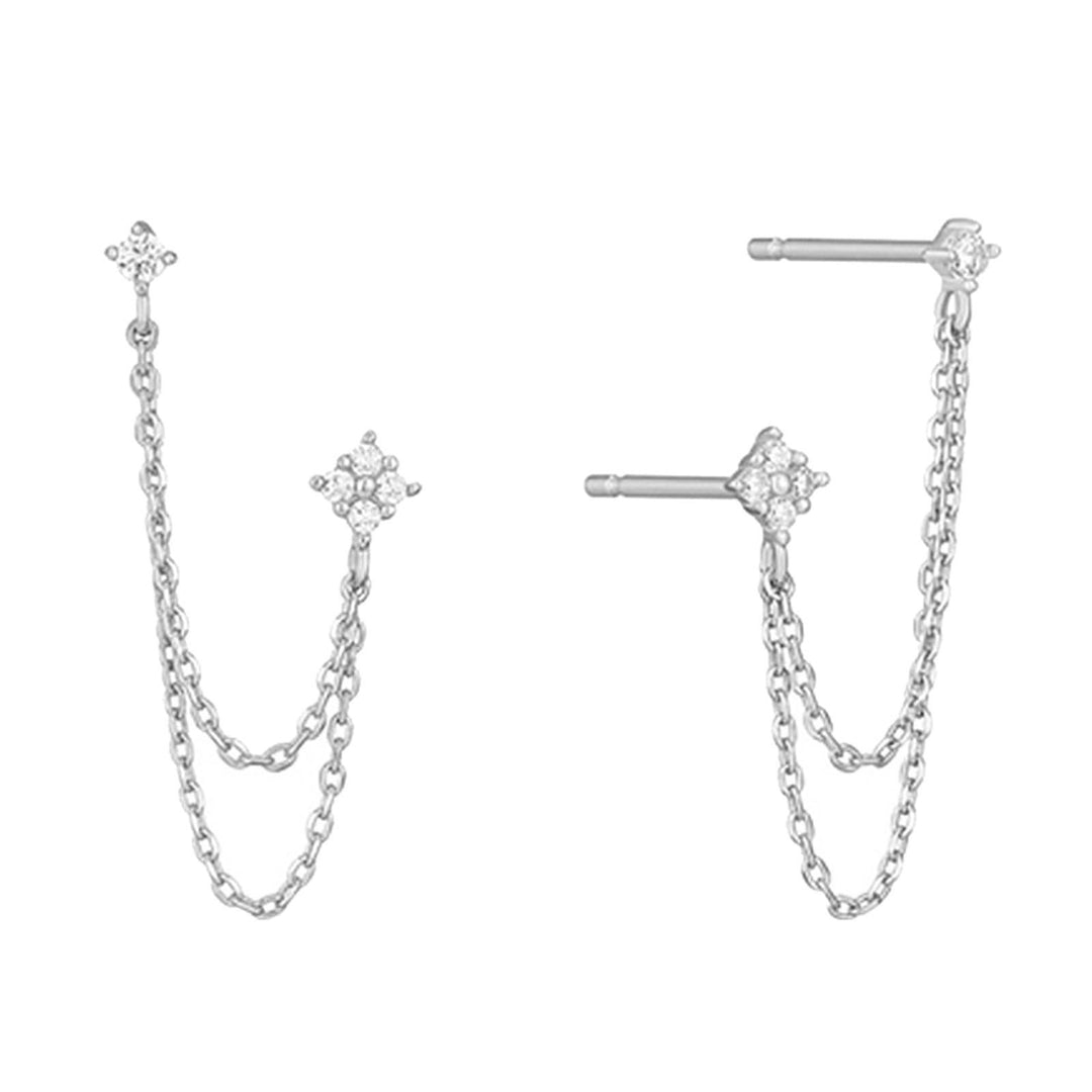 S925 Silver Two-hole Double Chain Flower Diamond Stud Earrings, Multi-color Double Layer Chain Tassel Earrings