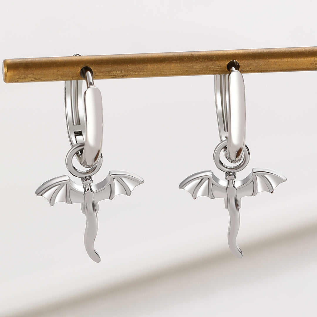 Flying Dragon Charm Hoop Earrings, Dragon Wing Huggie Hoops, Gold & Silver Gothic Punk Earrings