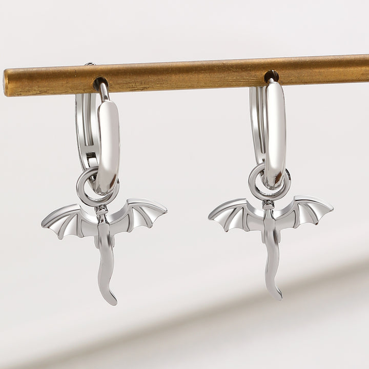 Flying Dragon Charm Hoop Earrings, Dragon Wing Huggie Hoops, Gold & Silver Gothic Punk Earrings