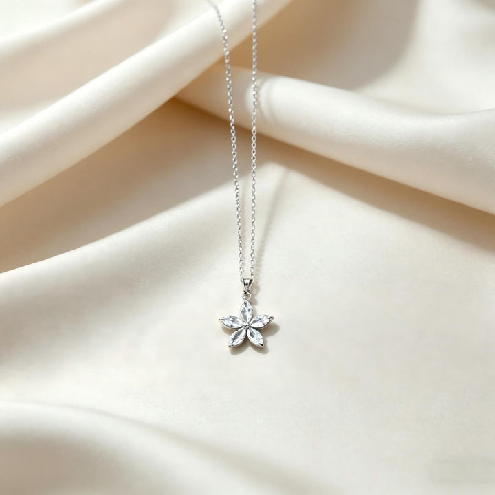Marquise Diamond 5-Petal Flower Collarbone Necklace, Multi-color Dainty Floral Chain, Gold & Silver Two-Tone Elegant Ladies Jewelry