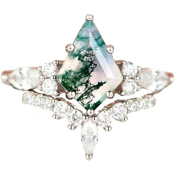 Natural Moss Agate Rhombus-Shaped Wedding Ring for Women