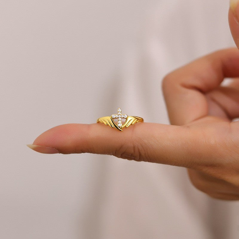 S925 Silver Angel Wing Diamond‑Set Cross Ring, Two‑Tone Faith‑Inspired Ring for Women