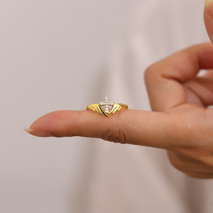 S925 Silver Angel Wing Diamond‑Set Cross Ring, Two‑Tone Faith‑Inspired Ring for Women