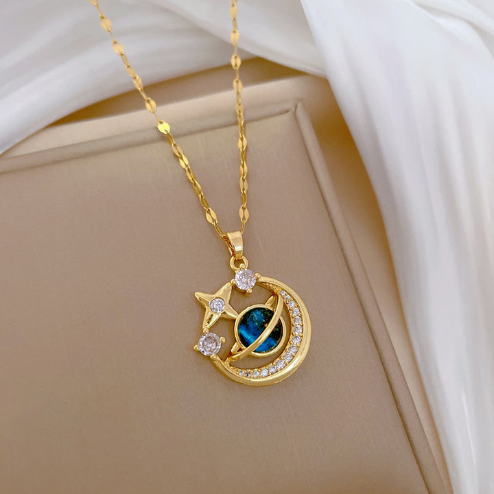 Starry Sky Series Necklace, Multi-Style Moon Star Planet Dolphin Paved Diamond Dainty Women Clavicle Chain