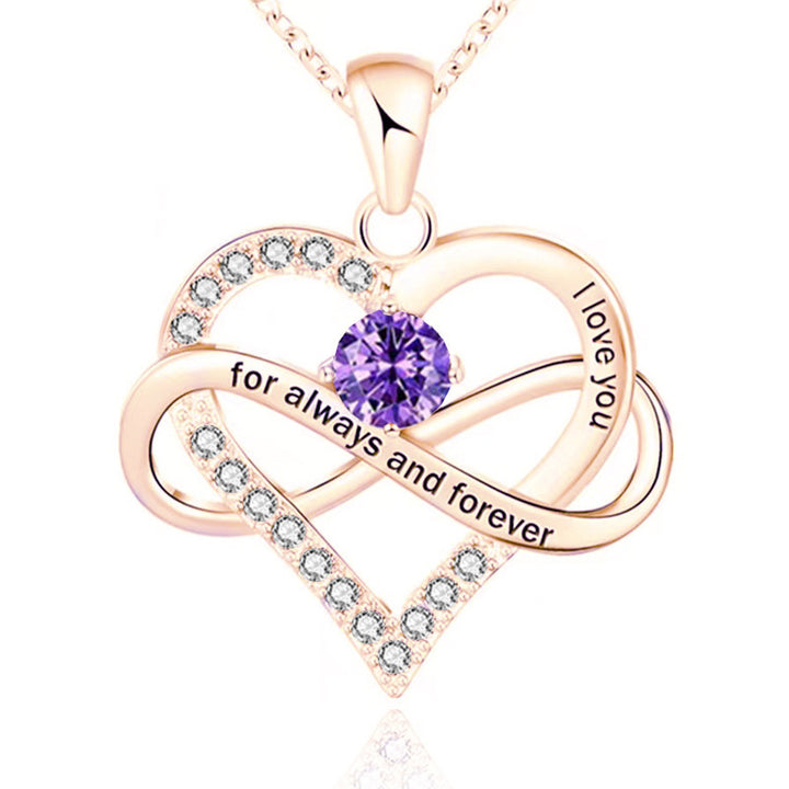 Infinity Intertwined Heart Engraved Birthstone Necklace, Eternal Love Heart Pendant Clavicle Chain with Birthstone