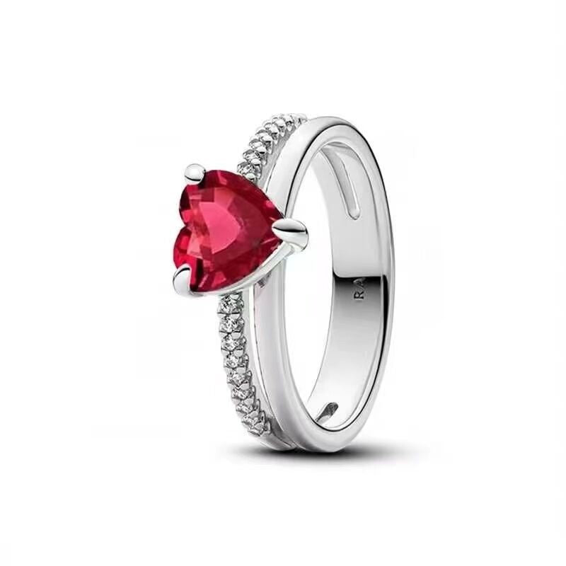 Heart Center Stone Double Layer S925 Silver Ring, 3-Prong Heart Diamond Luxury Band Multiple Colors Available