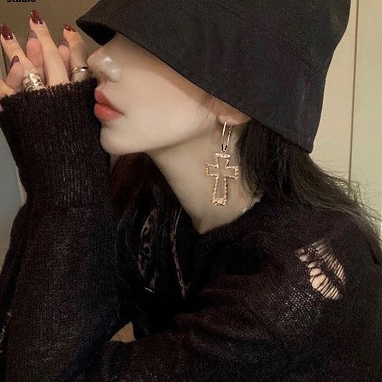 Hammered Hollow Cross Hoop Earrings, Vintage Textured Cross Charm Thin Click Hoops, Gold & Silver Punk Street Jewelry for Women
