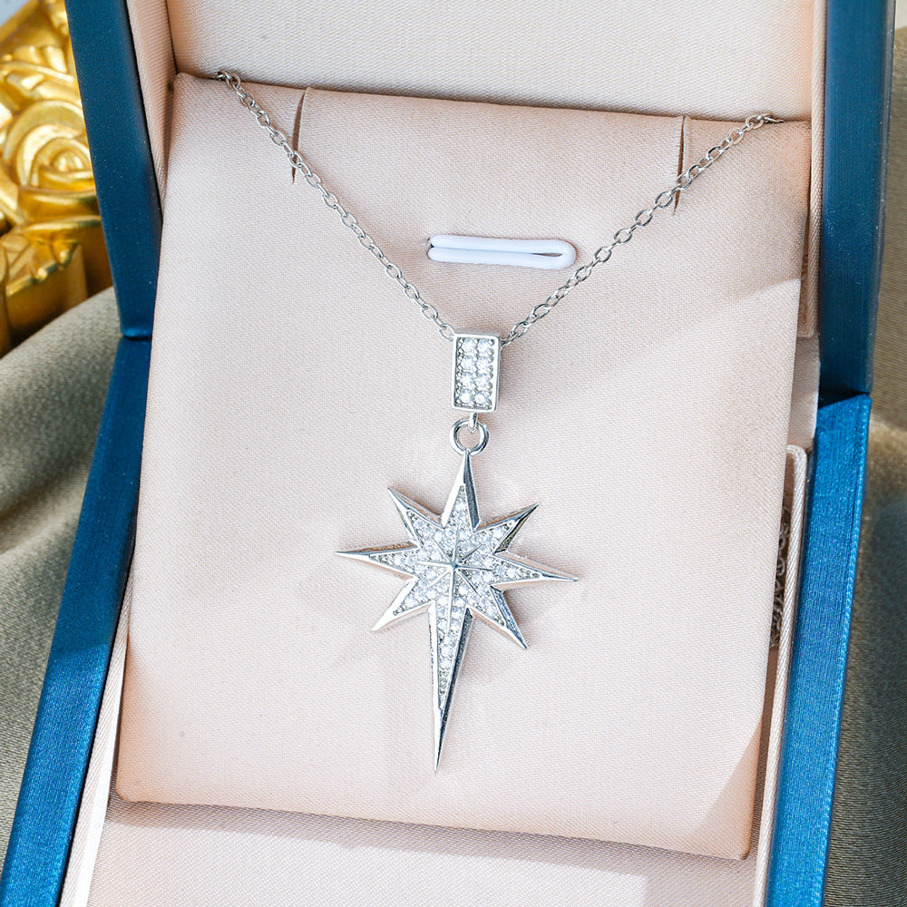 Full Paved Eight-Pointed Star Pendant Necklace, European Luxury Dainty Shining Star Clavicle Necklace for Women