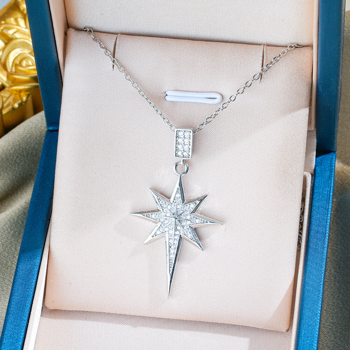 Full Paved Eight-Pointed Star Pendant Necklace, European Luxury Dainty Shining Star Clavicle Necklace for Women