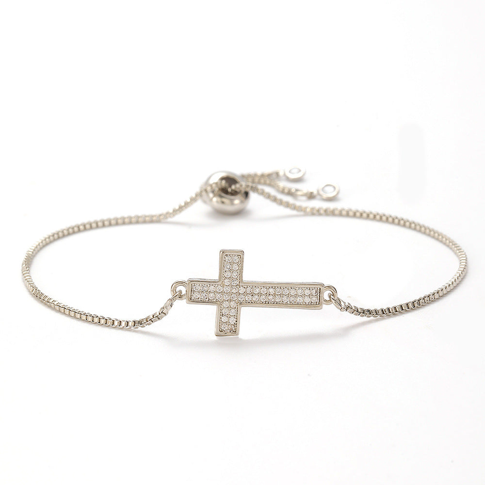 Openwork cross zircon micro-pave bracelet, waterproof and hypoallergenic jewelry for women.