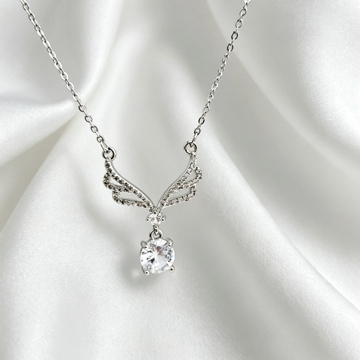 Angel Wing Teardrop Diamond Collarbone Necklace, Multiple Wing Styles Pink & White Diamond 14K Gold Plated Dainty Ladies Necklace