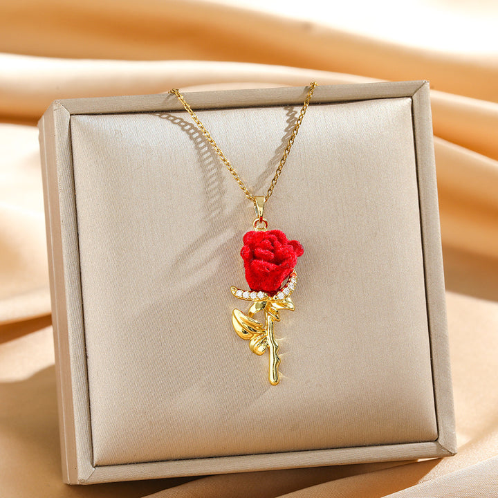 Velvet Red Rose Series Gold-Plated Collarbone Necklaces, 4 Styles Vintage Romantic Rose Pendant Thin Chains, Valentine’s Day Gift Jewelry