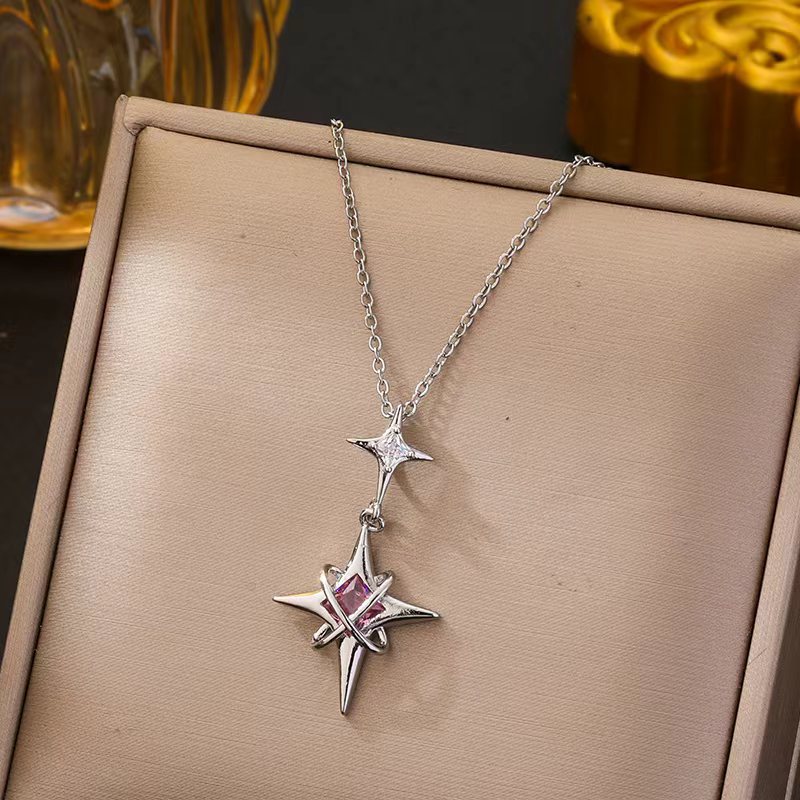 Pink Diamond Double Star Pendant Necklace, Unique North Star Collarbone Chain, Gold & Silver Tone Available
