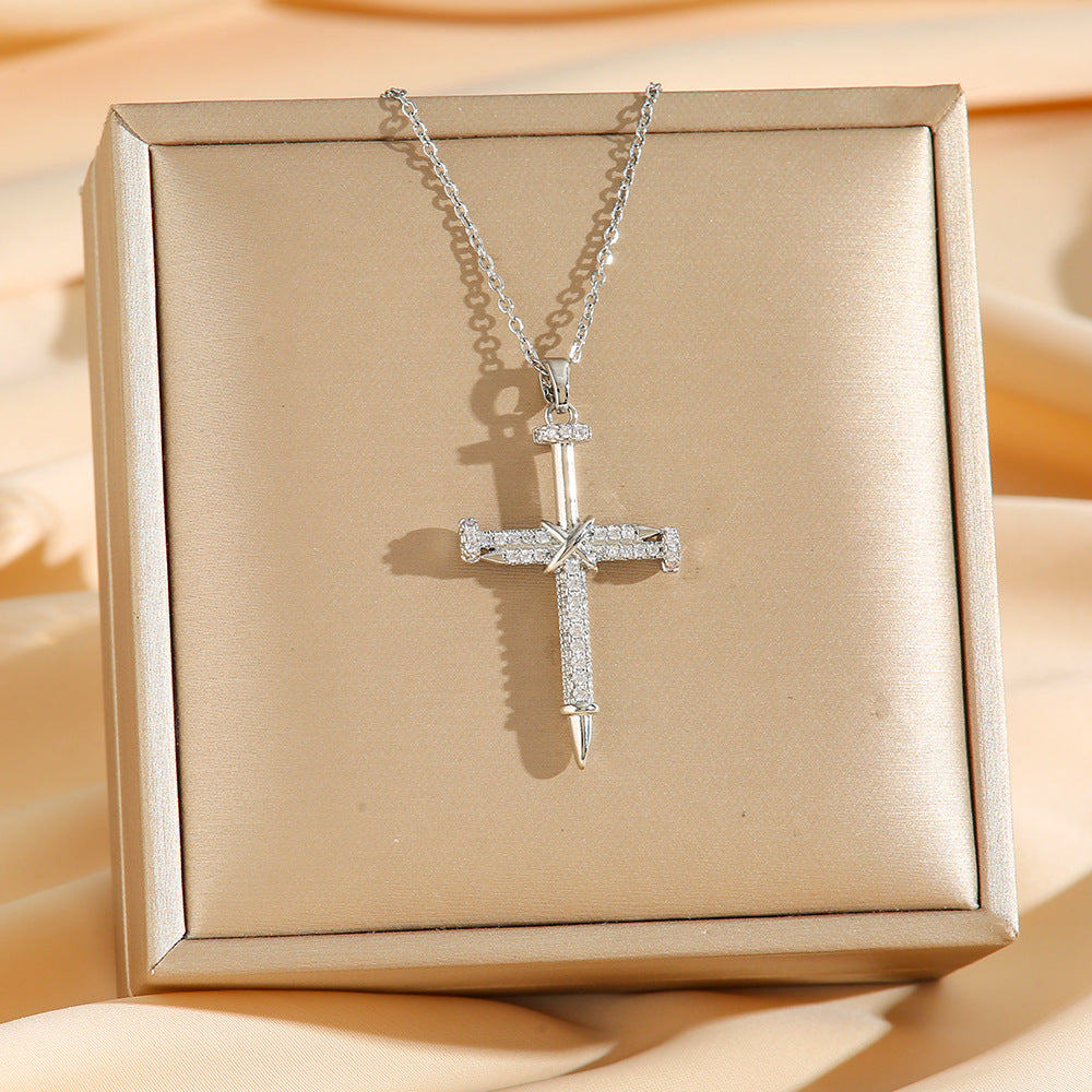 Nail‑Shaped Full‑Paved Diamond Cross Necklace, S925 Silver Two‑Tone Faith Pendant Necklace
