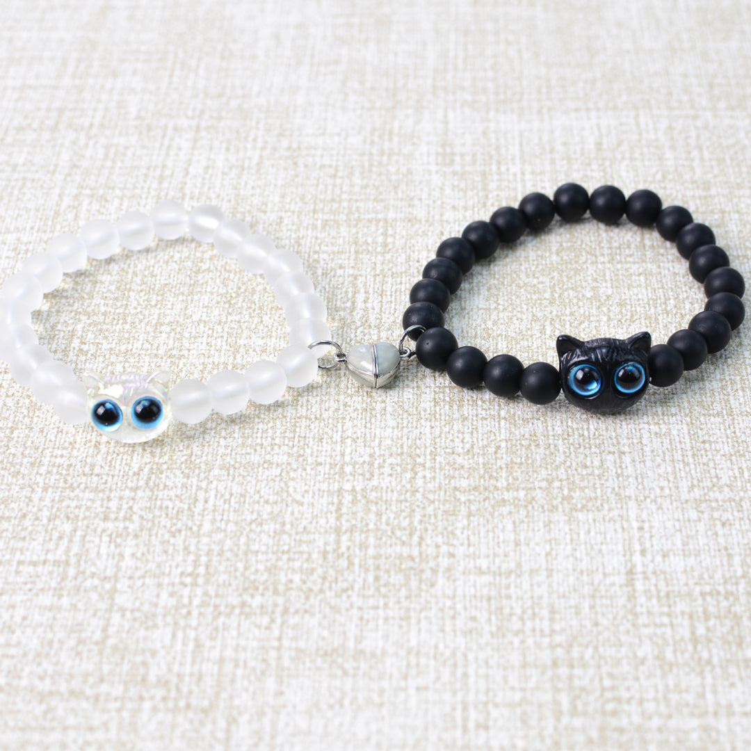 Luminous Heart Magnetic Cat Couple Bracelets, Black & White Matte Bead Matching Pair Bangle