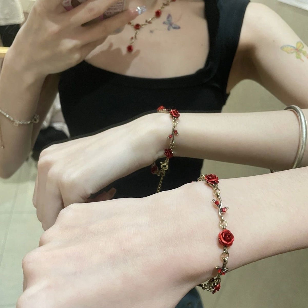 Vintage Red Rose Jewelry Set, S925 Silver Stud Earrings Rose Necklace & Bracelet 3Pcs Set