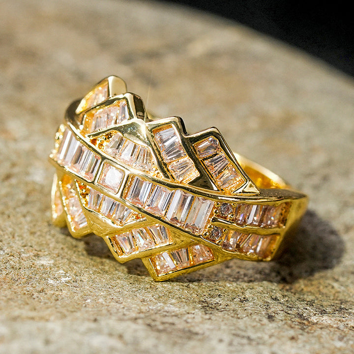 Double Layer Interwoven Baguette Diamond Wavy Wide Ring, Solid S925 Silver Gold & Silver Two-Tone Luxury Heavy Pave Band