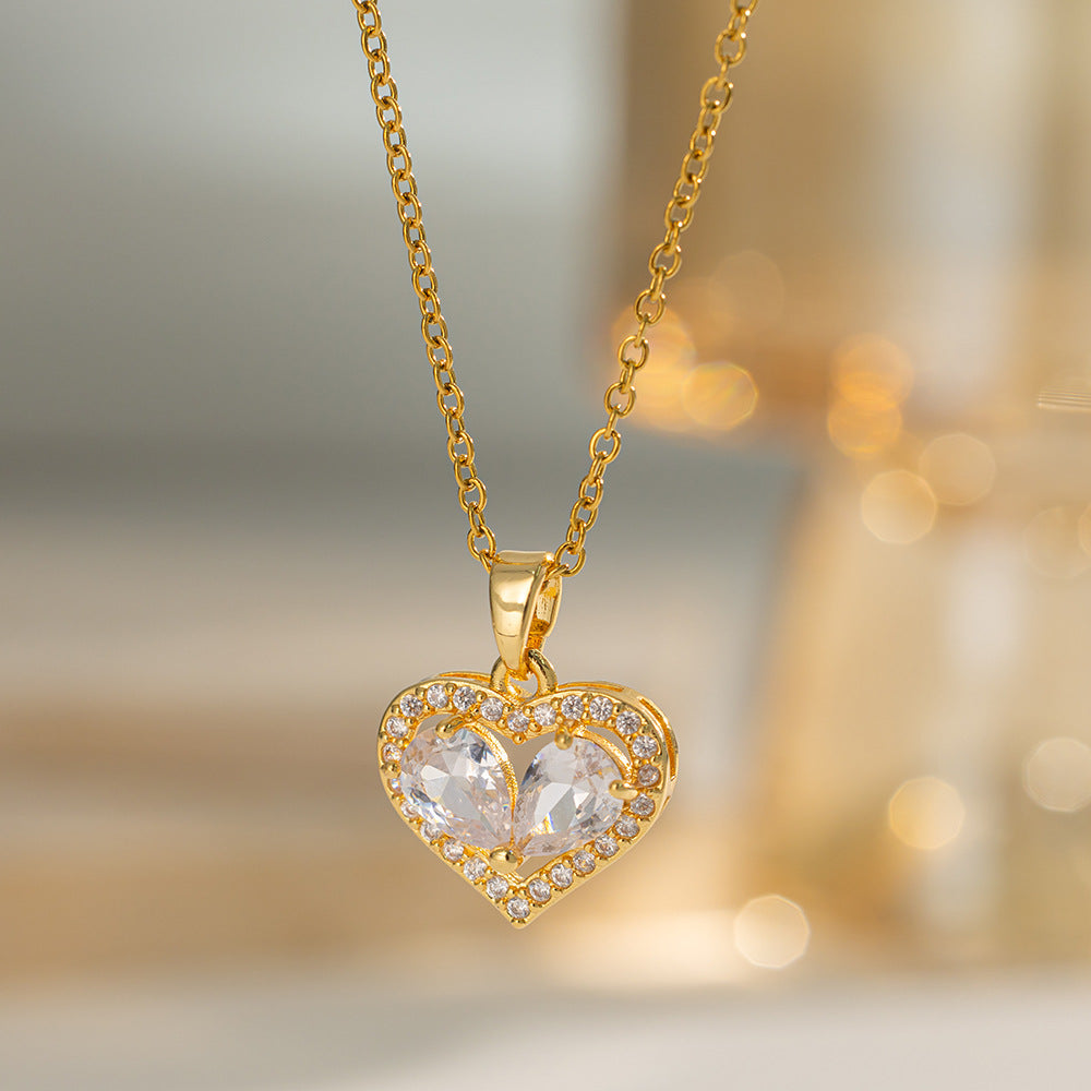 Two‑Stone Combined Heart Pendant Necklace, Multi‑Color Options