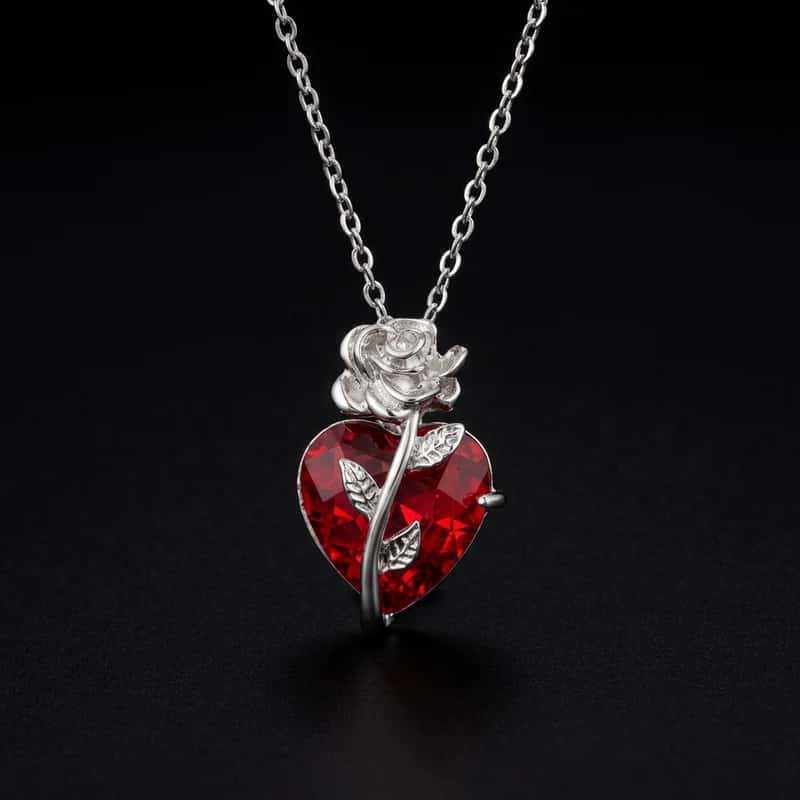 Rose-Wrapped Red Heart Diamond Necklace (2 Colors Dark/Romantic Style Pendant)