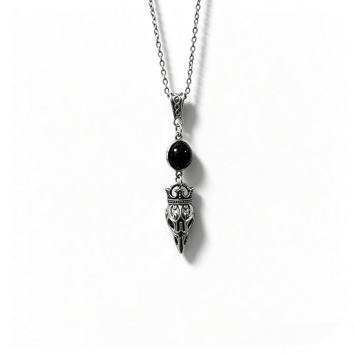 Raven Skull Black Onyx S925 Silver Necklace, Vintage Antiqued Gothic Crown Bird Head Pendant, Unique Necklace For Men