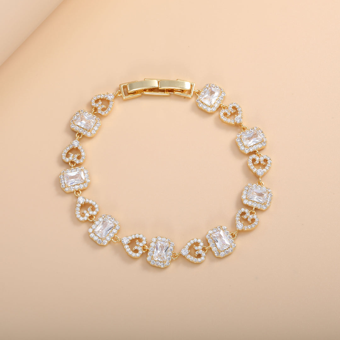 Heart & Rectangle Alternating Luxury Bracelet, 3 Styles Silver/Gold/Multi-Color Gem Women Jewelry