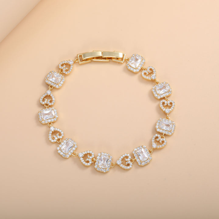 Heart & Rectangle Alternating Luxury Bracelet, 3 Styles Silver/Gold/Multi-Color Gem Women Jewelry