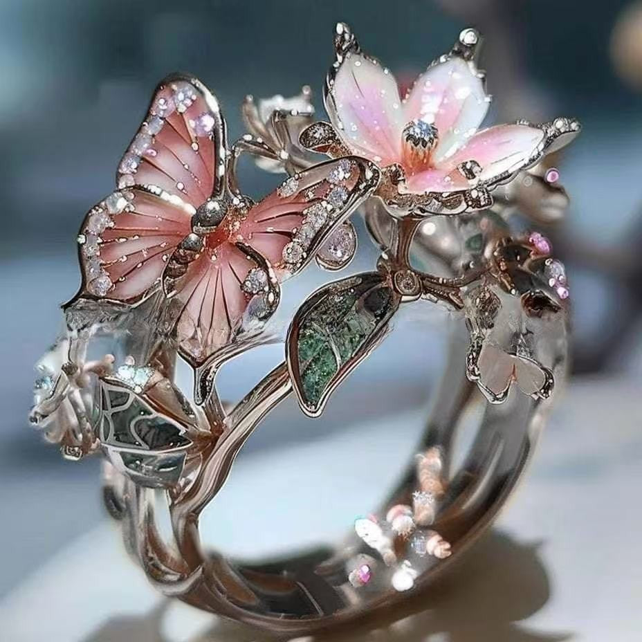 Enamel Butterfly & Flower 3D Open Ring, 3-Tone Vintage Forest Style Paved Diamond Artistic Statement Ring for Women