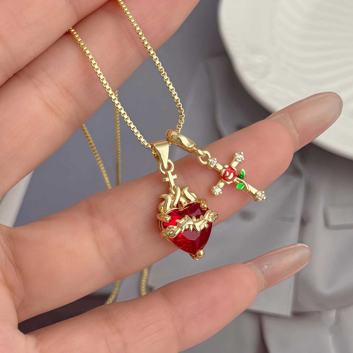 Sacred Heart Red Diamond & Rose Cross Combo Necklace, 3 Heart Styles Vintage Faith Choker