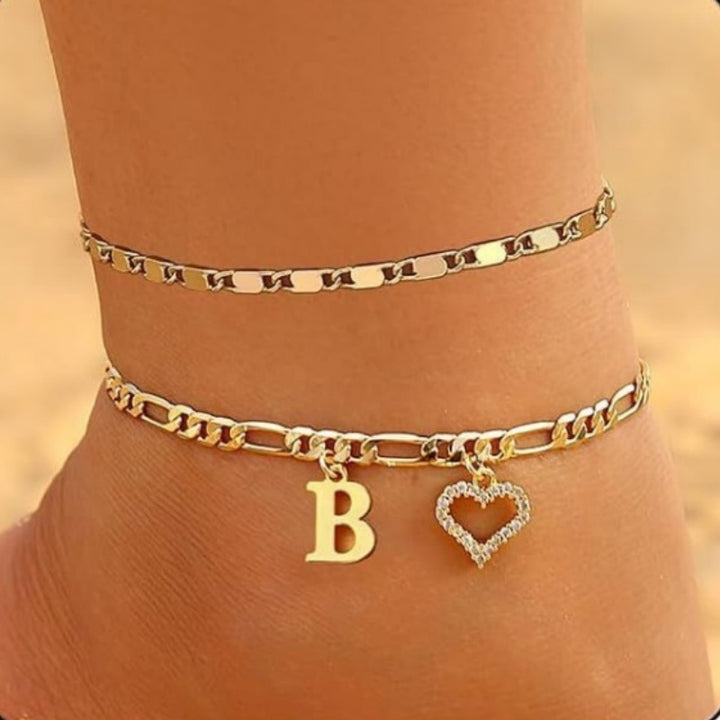 Double Layer Initial & Heart diamond Anklet (Gold Personalized Foot Jewelry)