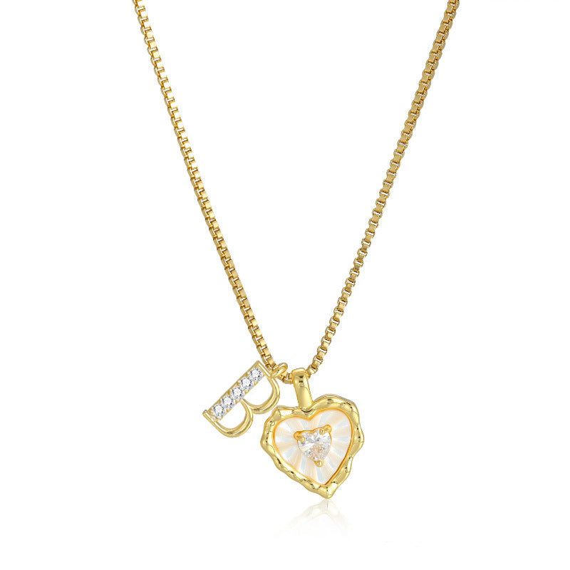 White Shell Heart Initial Necklace, Wavy Edge Mother of Pearl Pendant with Heart Diamond, Custom 26 Letters Gold Box Chain