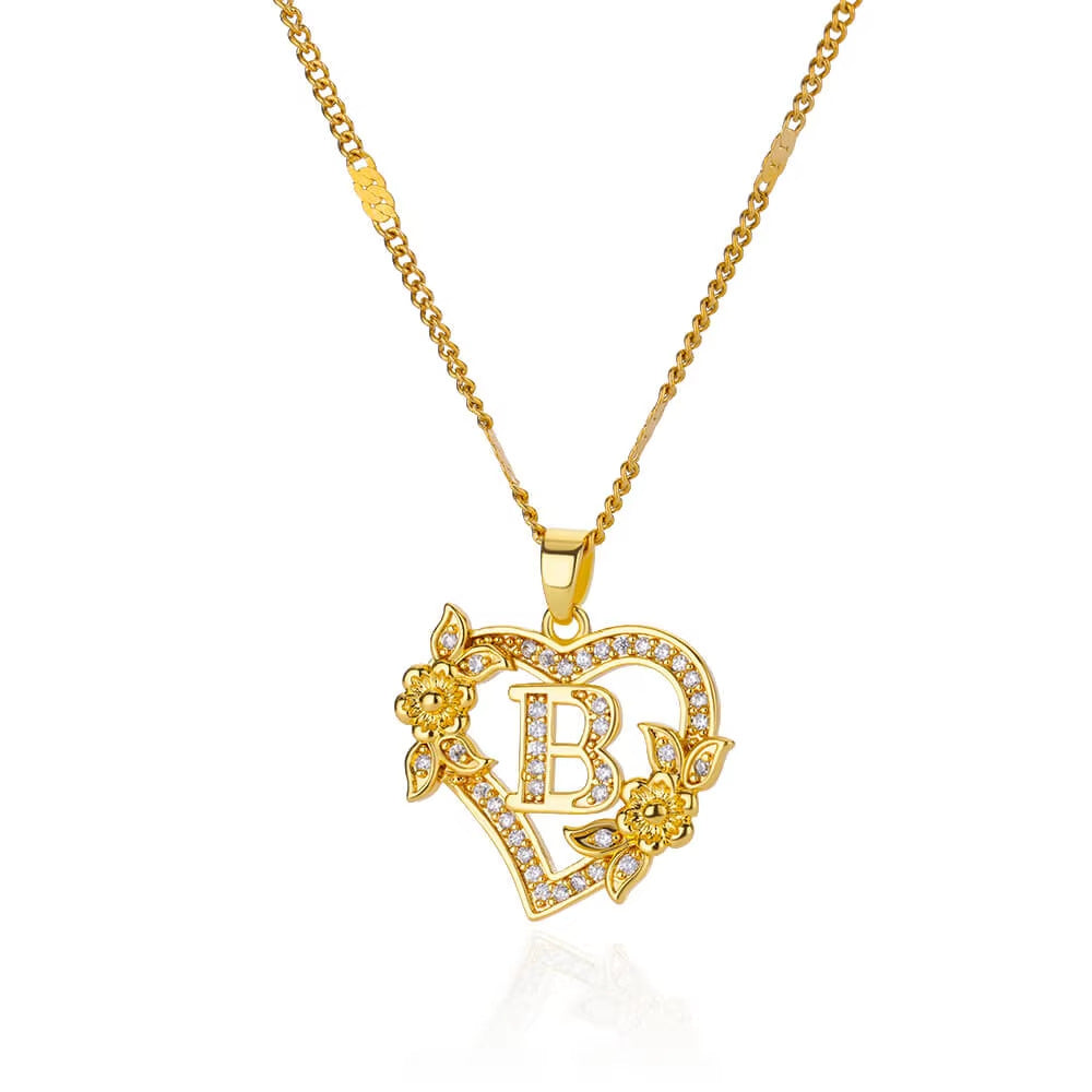 Vintage Flower Heart Pave Crystal Letter Necklace, 316L Stainless Steel 14K Gold Plated Luxury A-Z Initial Pendant Clavicle Chain Niche Jewelry
