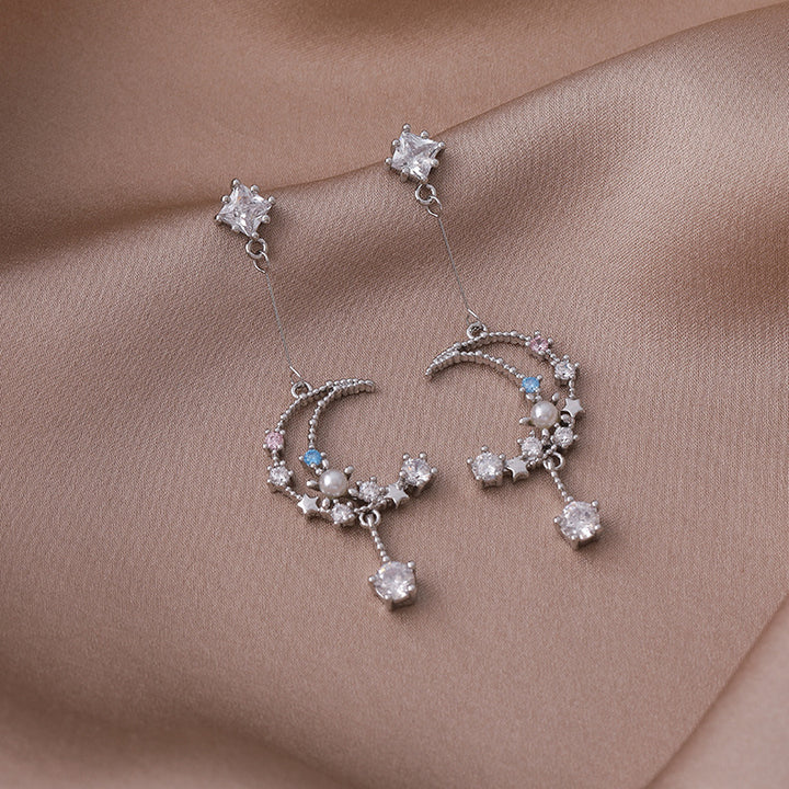 S925 Silver Star & Moon Color Diamond Pearl Drop Earrings, Dreamy Hollow Crescent Long Dangle Earrings