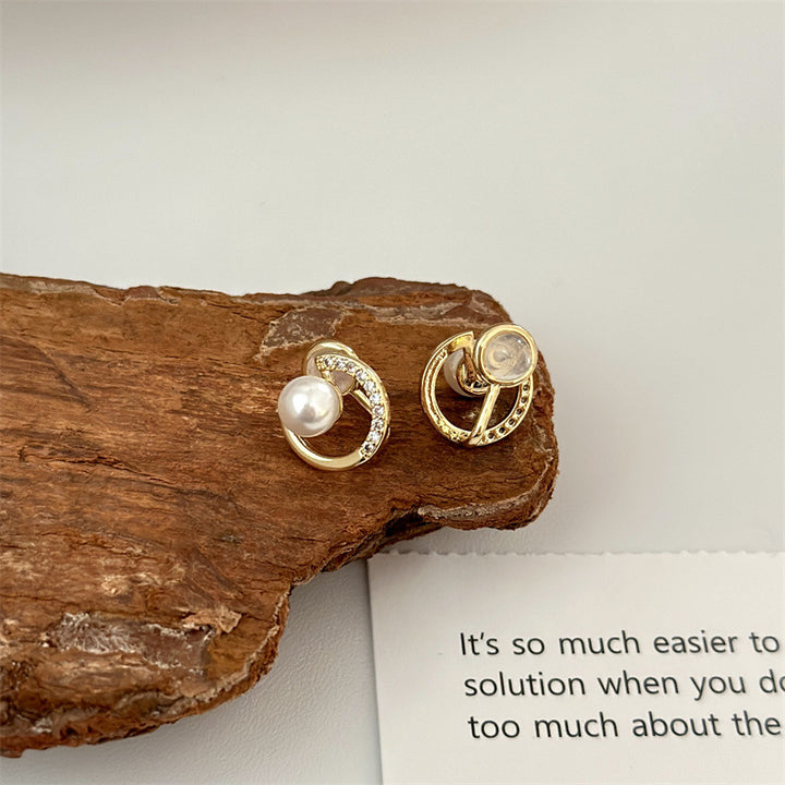 Crescent Paved Diamond Pearl S925 Silver Stud Earrings, Minimalist Luxury C-shaped Pearl Small Earrings