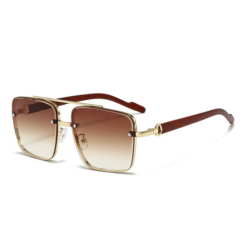Vintage Double Rim Half-Rim Wood Grain Metal Aviator Sunglasses, Multi Gradient Lens Outdoor Shades