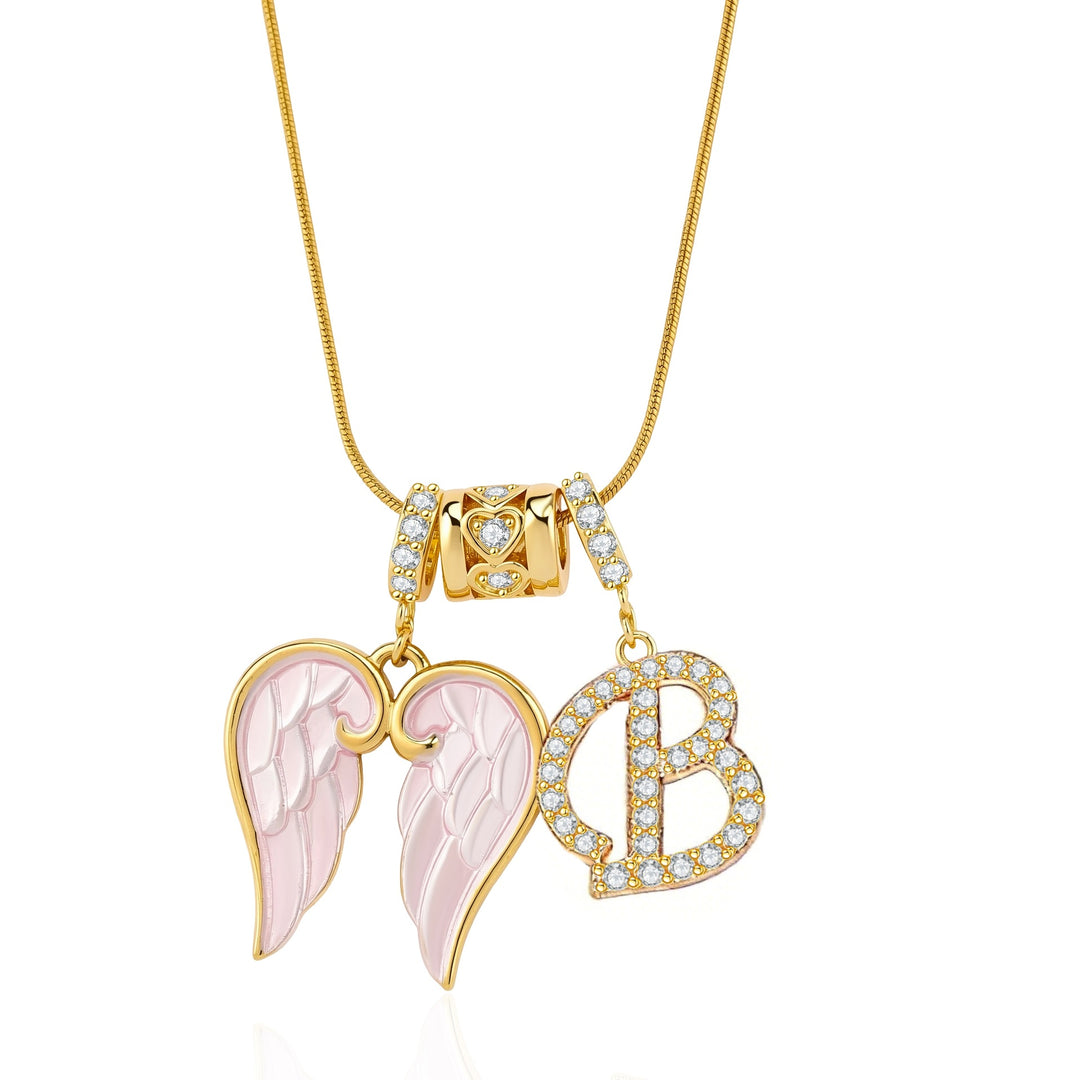 Pink Enamel Angel Wing Initial Necklace, Custom 26 Letters Gold Plated Diamond Pendant