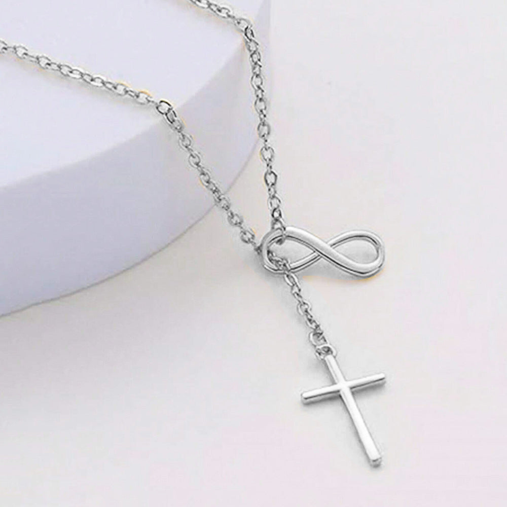 Infinity Symbol Cross Y-Drop Thin Necklace, Gold & Silver Eternal Faith Minimal Clavicle Chain