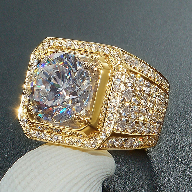 Heavy Square Halo Main Stone Men Ring, European Wide Full Paved Diamond Business Statement Band for Men