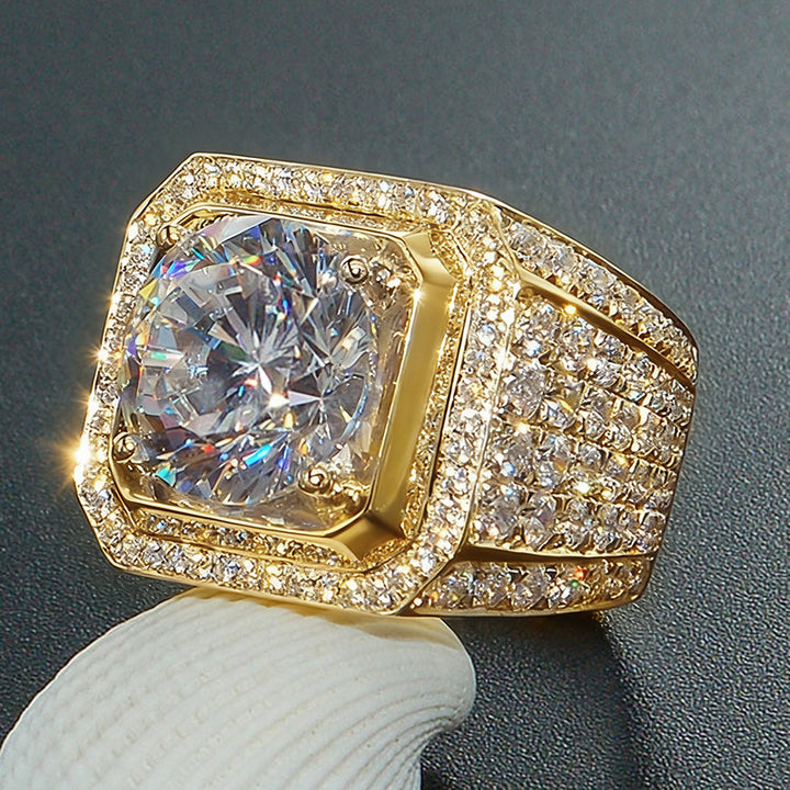Heavy Square Halo Main Stone Men Ring, European Wide Full Paved Diamond Business Statement Band for Men