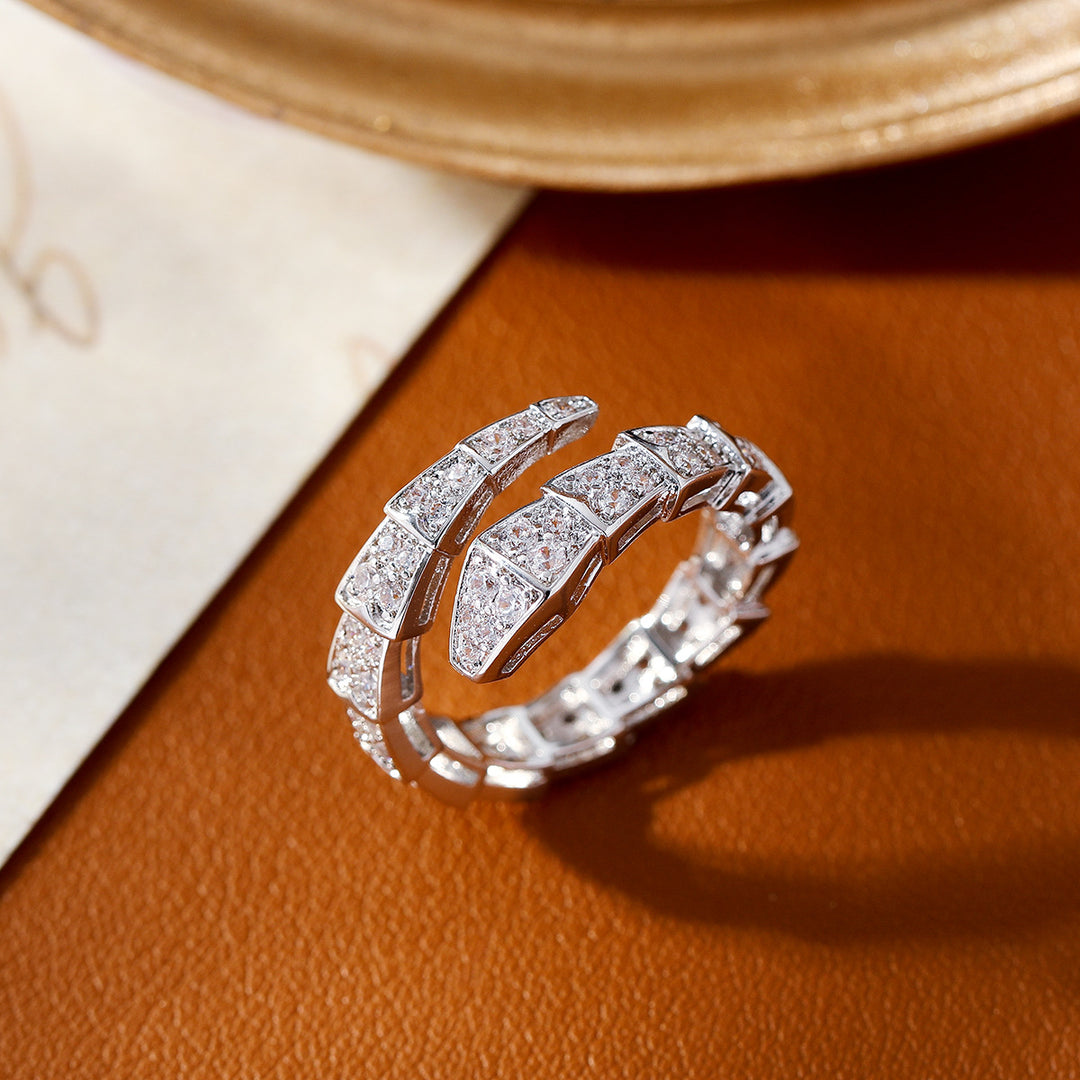 Full Pave Diamond Snake Open Ring, Gold & Silver Tone Luxury Segmented Serpent Band