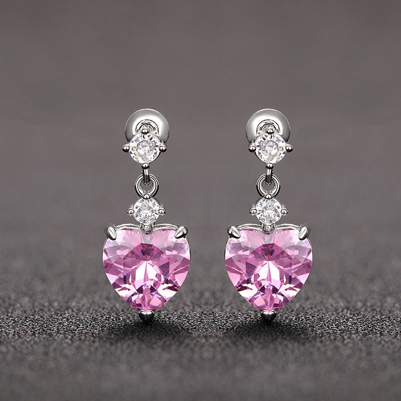 3-Stone Heart Diamond Dangle S925 Silver Stud Earrings, Multi-color Heart Cut Main Stone Luxury Earrings