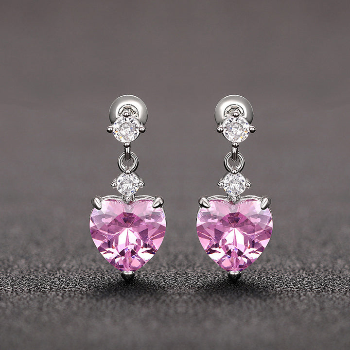 3-Stone Heart Diamond Dangle S925 Silver Stud Earrings, Multi-color Heart Cut Main Stone Luxury Earrings