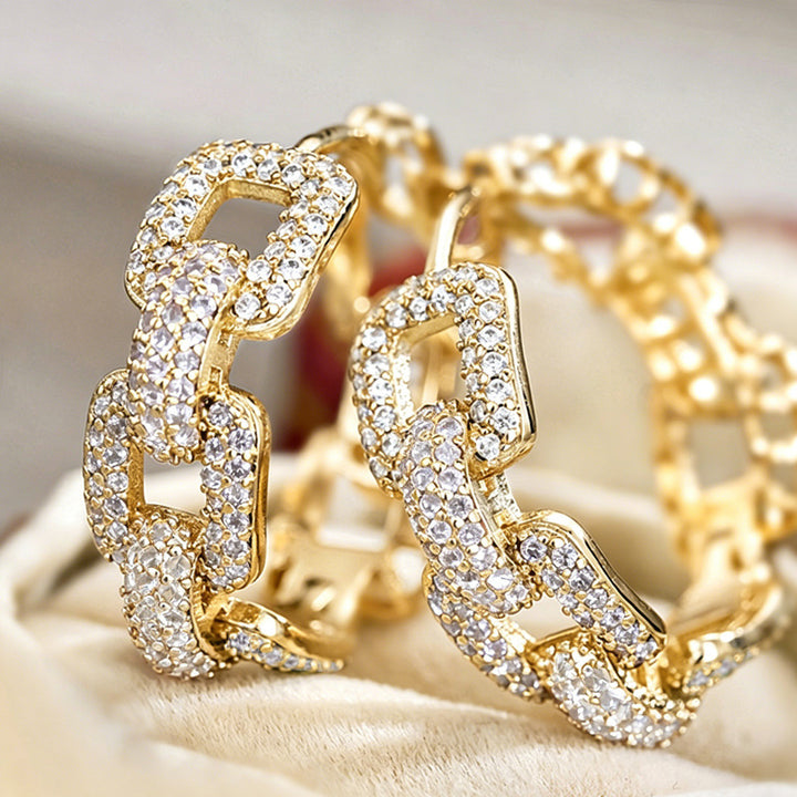 Chunky Chain Color Gradient Paved Hoop Earrings, Hip Hop Geometric Link Luxury Leverback Earrings for Women