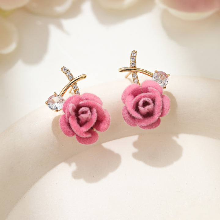 Flocking Rose Pearl Hook Earrings, Gentle Red & Pink Rose Diamond Long Dangle Earrings, Two Colors Available