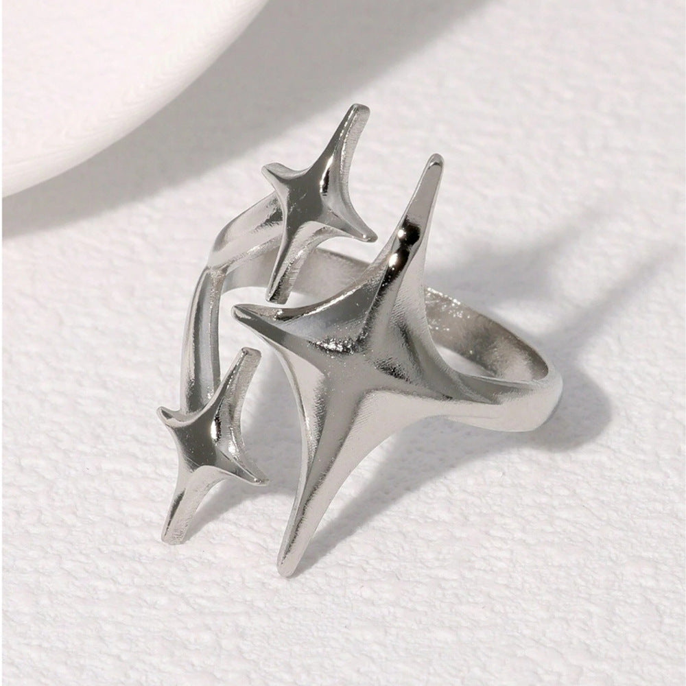 3D Triple Four-Pointed Star Open Ring, S925 Silver 14K Gold Plated Minimalist Star Statement Band For Women